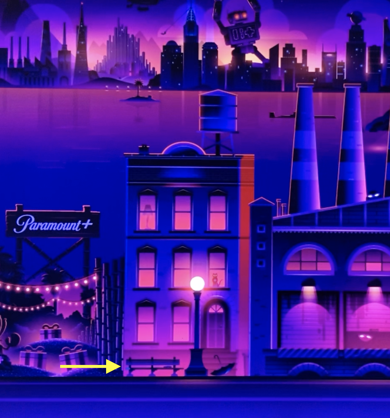 Animated cityscape at night with a Paramount+ sign, buildings, factories, and a UFO in the sky