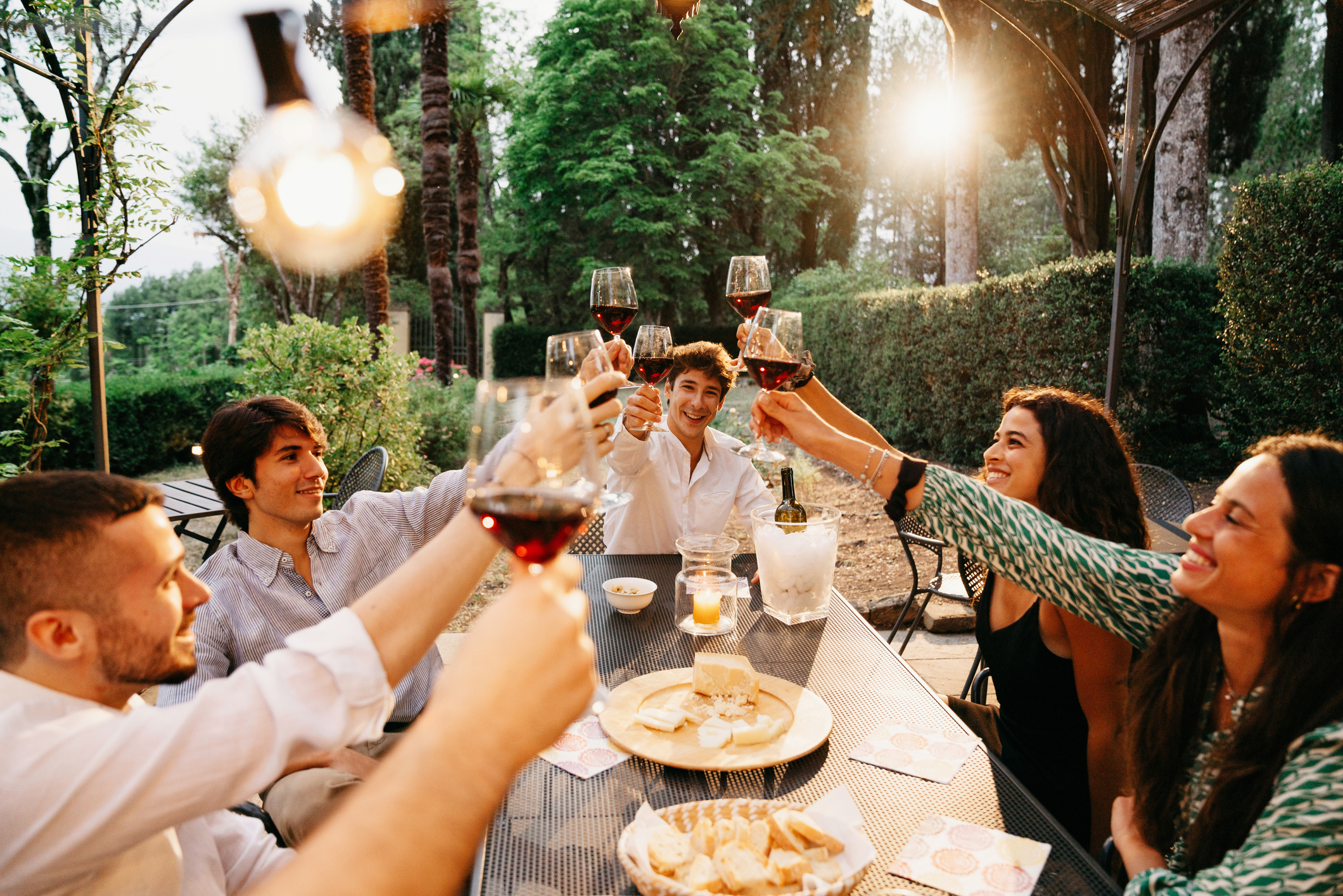 Group of friends at a table in a garden toasting with wine glasses, surrounded by plates of appetizers and a lush, green backdrop with trees and string lights