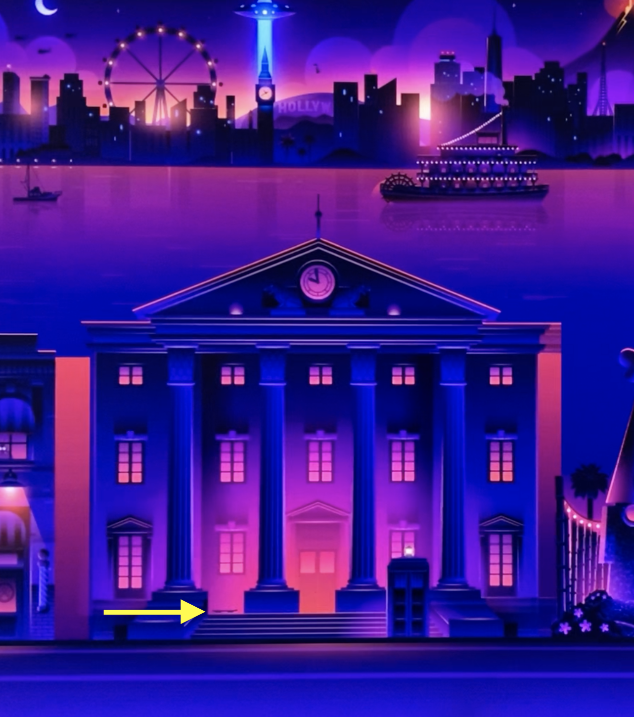 Neon cityscape featuring landmarks, ferris wheel, a ship on water, and a classical building with an arrow pointing to its steps