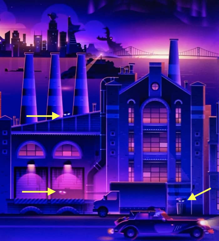 Animated scene of a futuristic cityscape with a factory, vintage car, and distant city skyline. Yellow arrows highlight small lights on the factory and car