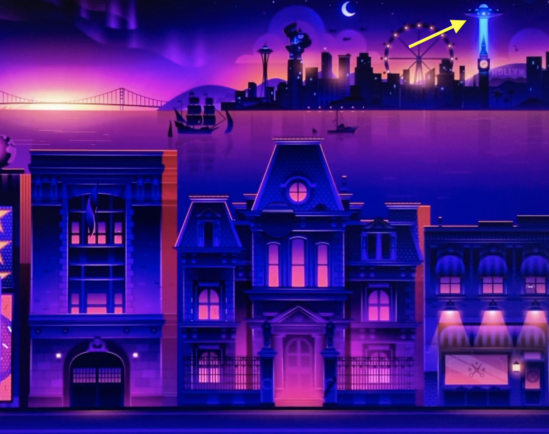 Illustration of a cityscape at night with whimsical buildings, a ferry, a Ferris wheel, and the Space Needle highlighted by a yellow arrow