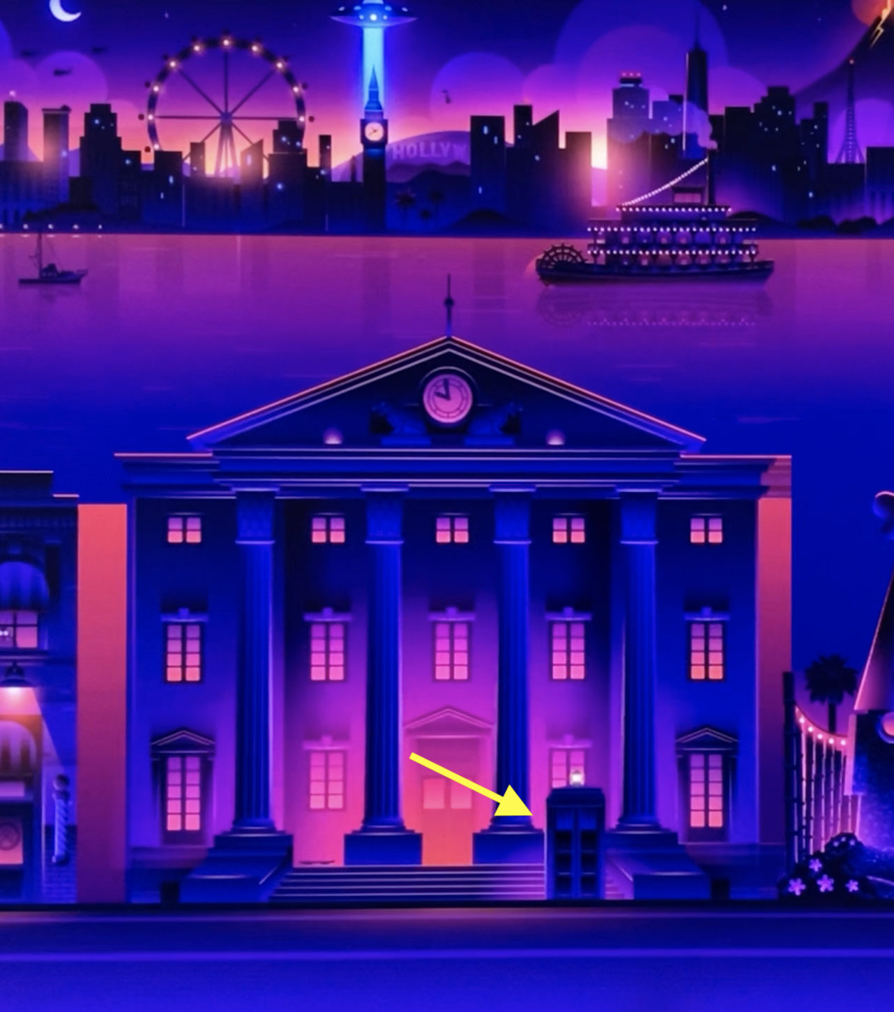 Illustration of a grand building with columns at night, a yellow arrow points to a door. The background shows a cityscape with landmarks like the Hollywood sign and a Ferris wheel