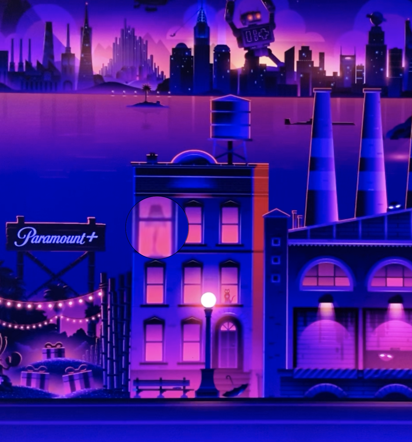 Animated image featuring urban buildings with neon signs, including "Paramount+" and a skyline with a UFO, a water tower, and industrial structures