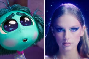 Animated character Joy from Inside Out looks up with wide eyes. Taylor Swift wearing bold makeup gazes forward. Split-screen image