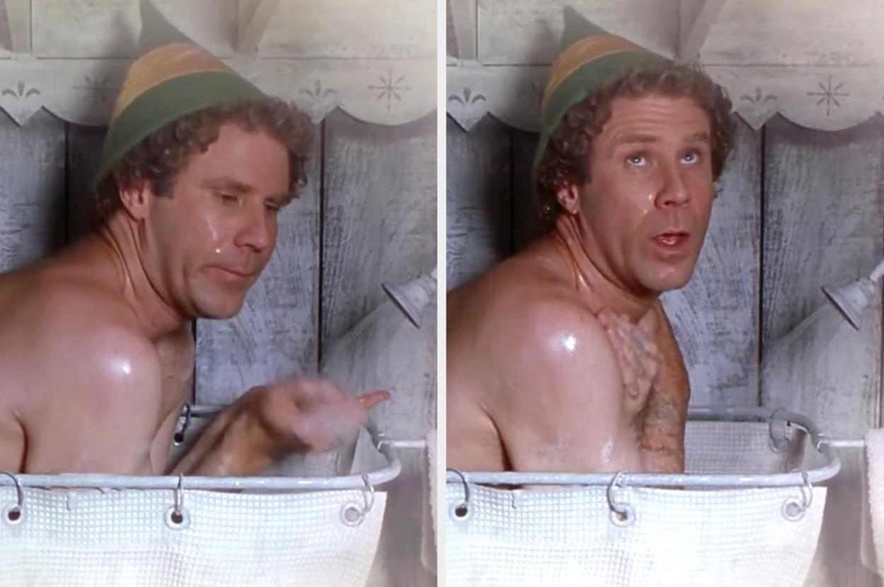 Will Ferrell as Buddy the Elf from the movie "Elf" in a bathtub, on a scene where he is taking a shower, with humorous expressions