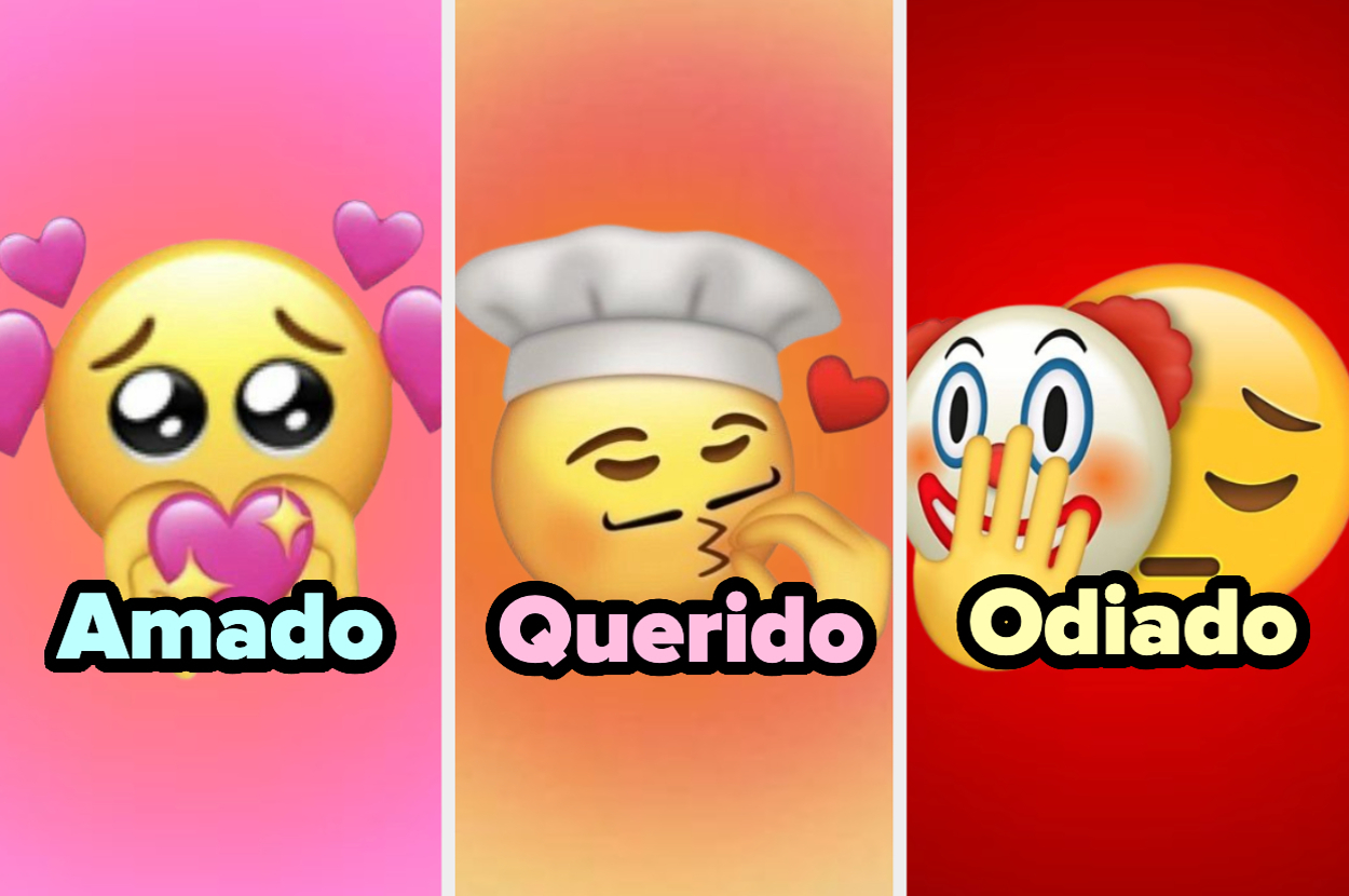 Emoji corazón ojos llorosos con texto "Amado", emoji chef con corazón y texto "Querido", emoji payaso y dormido con texto "Odiado"