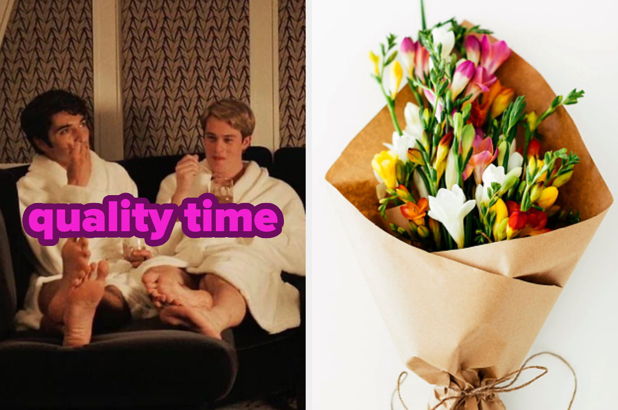 Dylan Sprouse and Cole Sprouse relax on a couch in robes, with the text "quality time." Next to them is a bouquet of mixed flowers in brown paper wrapping