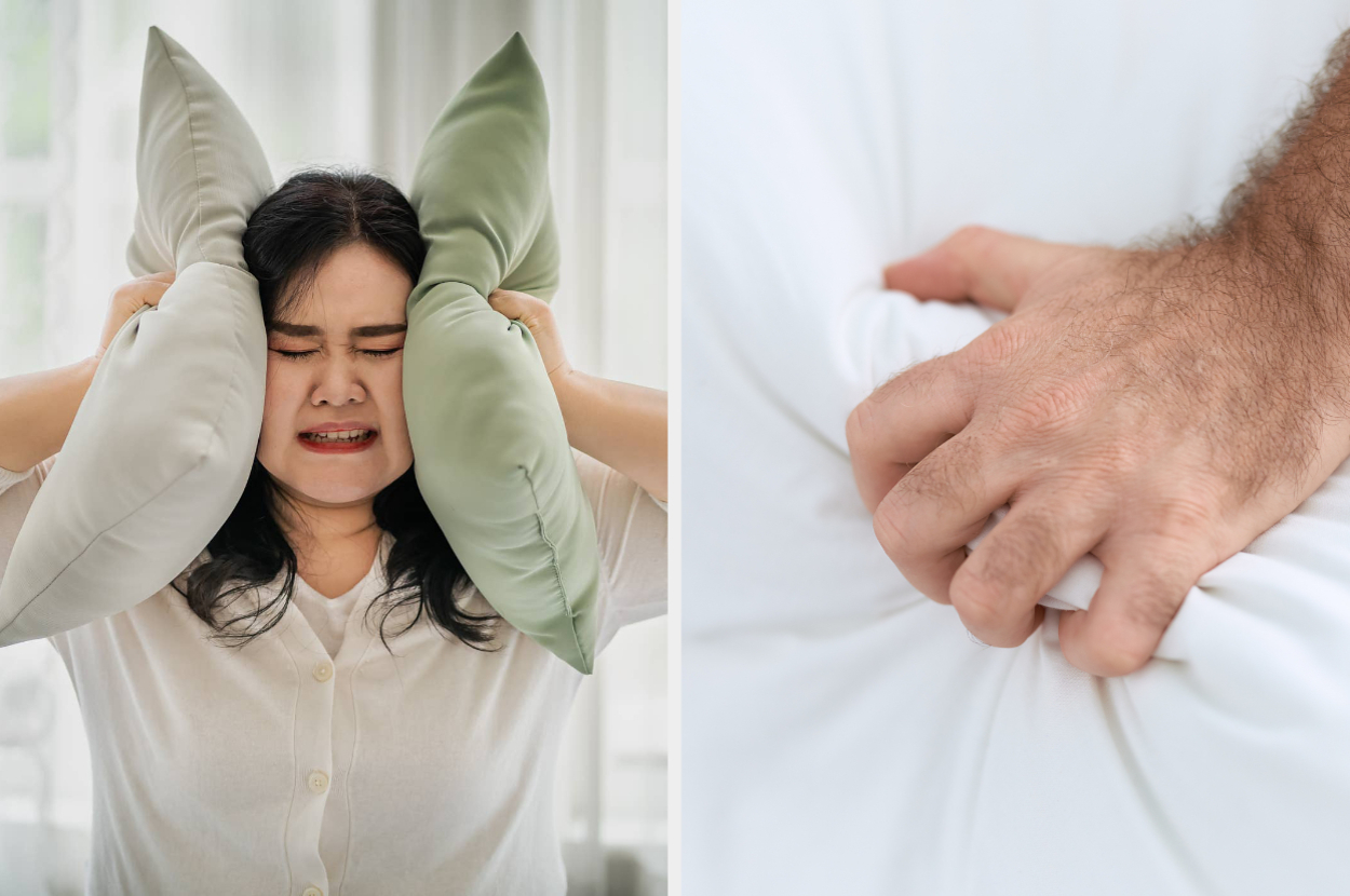 Woman pressing pillows to her head, paired with a close-up of a hand gripping fabric