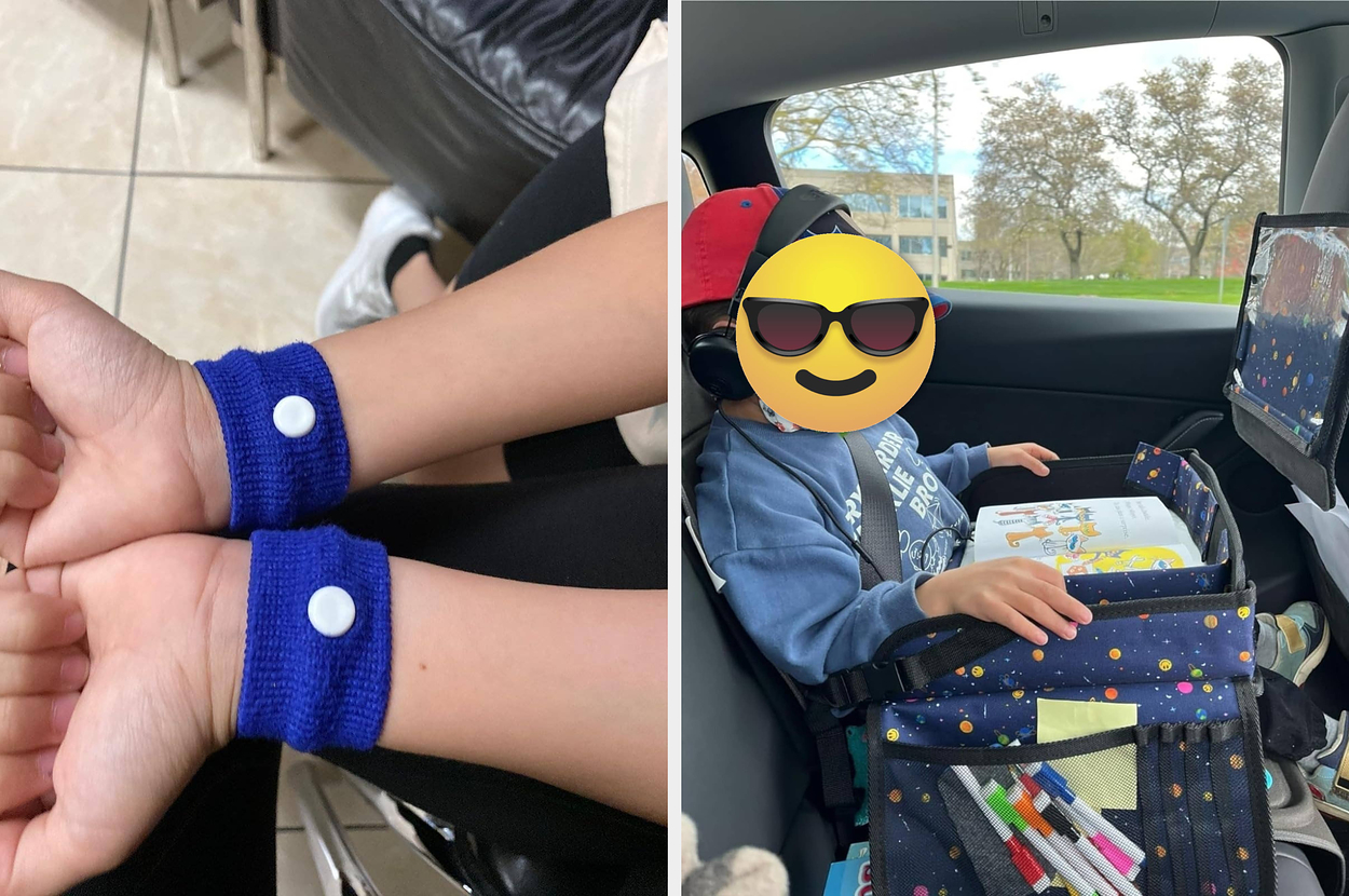 Left: Two hands showing wrists with nausea band wristbands. Right: Child with an emoji face, wearing headphones, sitting in a car seat with a tray, various items, and a tablet