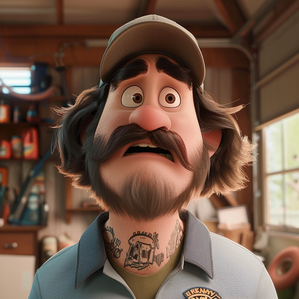 An animated character with a cap and beard appears surprised in a garage setting