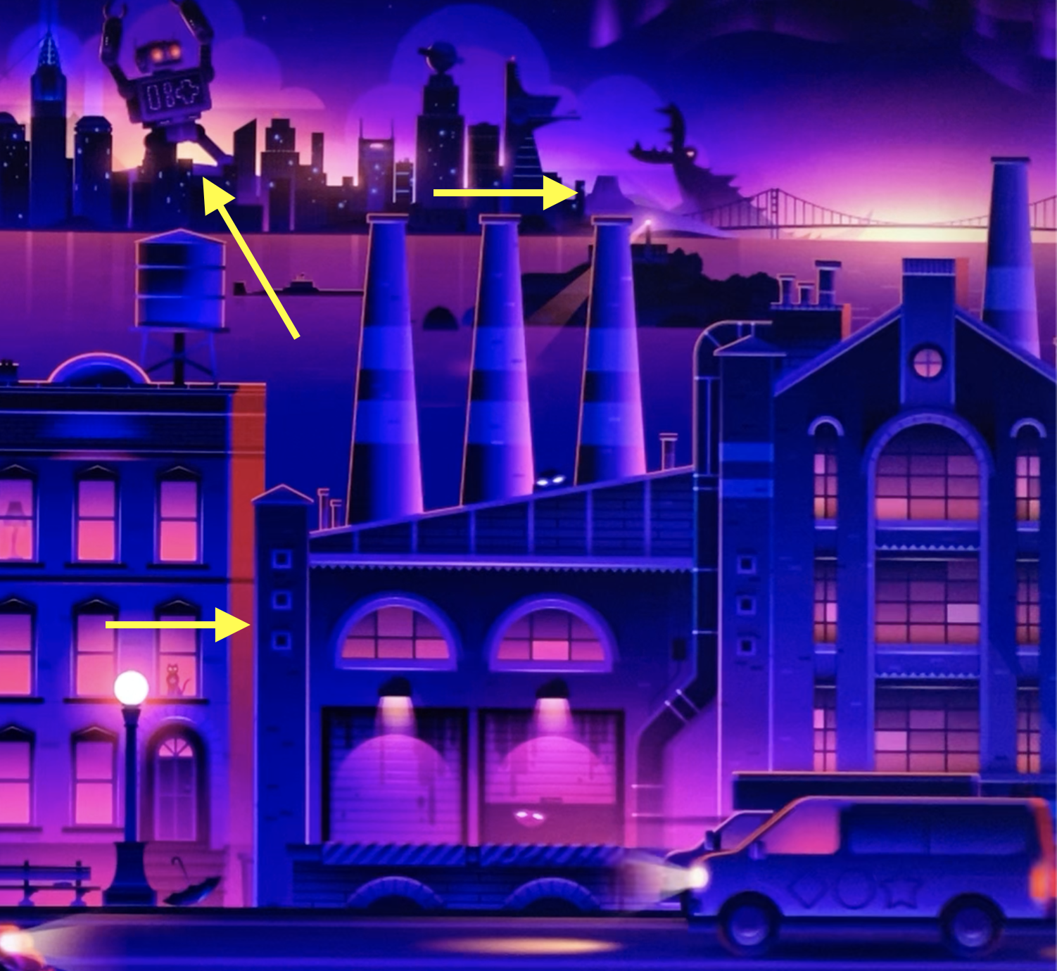 Illustration of a city at night with arrows pointing to buildings and a UFO. The cityscape features factories and a bridge in the background