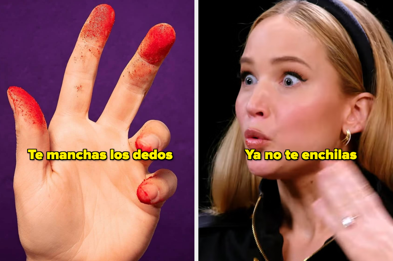 Mano con polvo de chile y mensaje "Te manchas los dedos" a la izquierda, expresión sorprendida de Jennifer Lawrence con mensaje "Ya no te enchilas" a la derecha