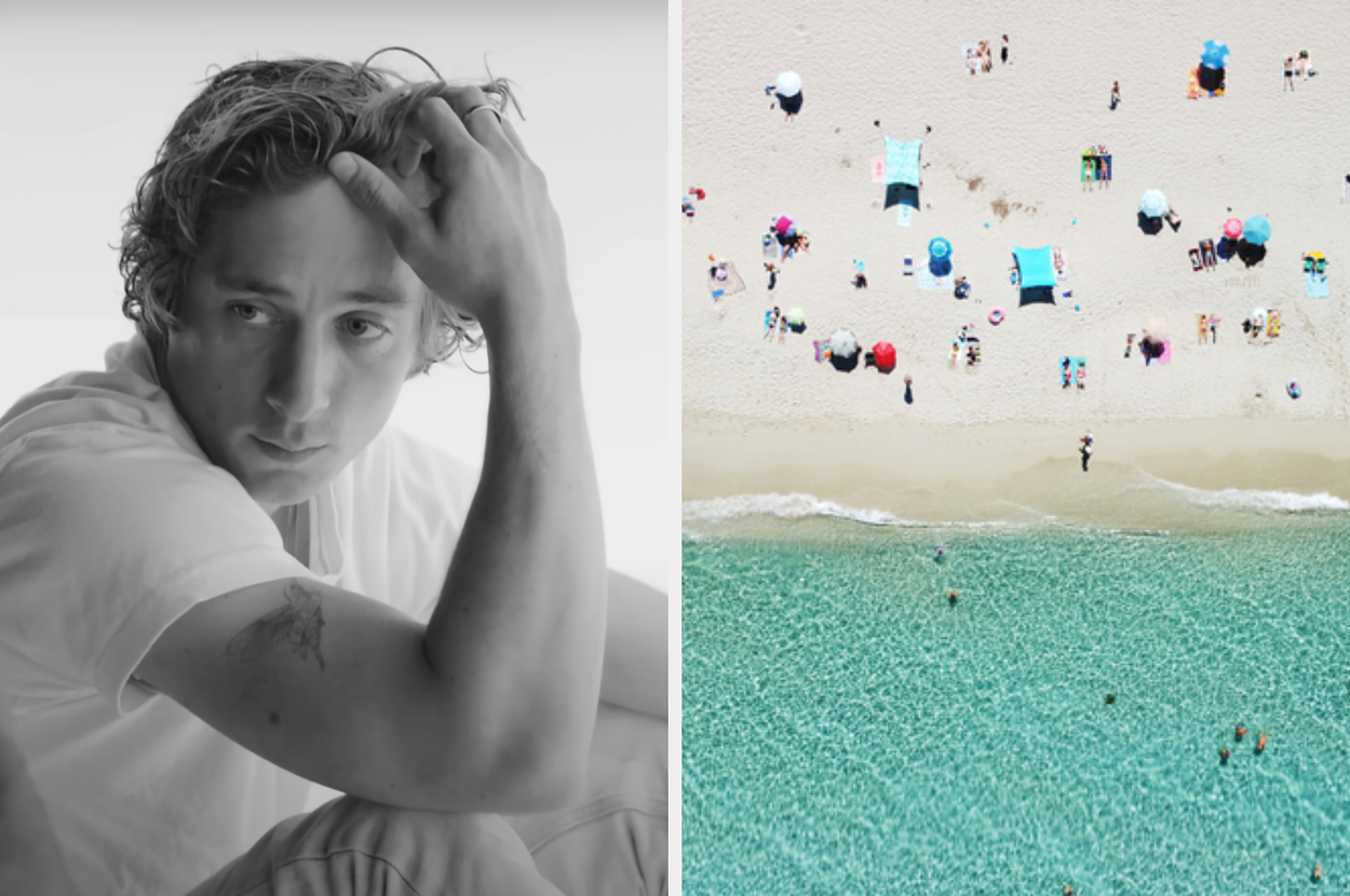 Split image with left featuring Rodent BF in a thoughtful pose and right showing a busy beach scene from above. Text reads "Rodent BF summer: beach edition"
