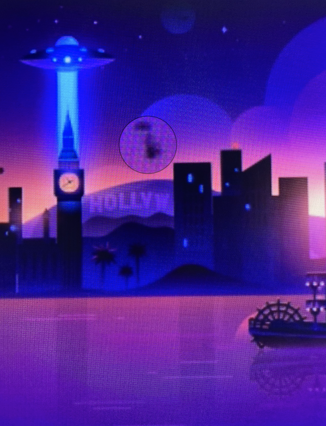 An animated UFO beams a cow above a futuristic cityscape featuring the Hollywood sign and Big Ben-style clock tower against a darkened sky