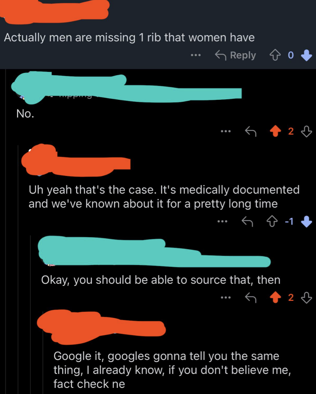 A social media thread discusses the claim that men have one less rib than women, with participants debating its validity