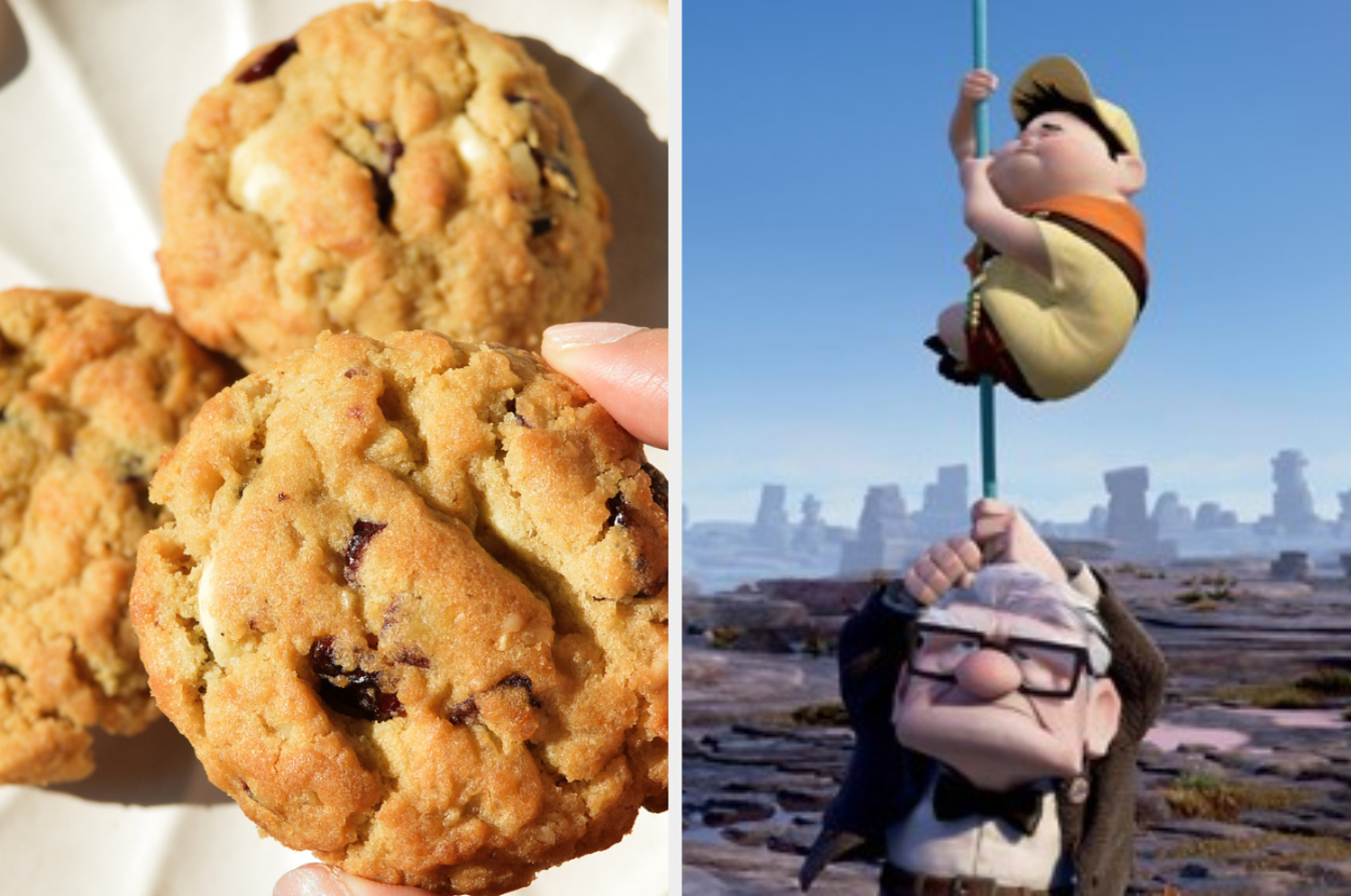 Close-up of cookies on the left. On the right, animated characters Russell and Carl from Up; Russell climbs a rope held by Carl against a desert backdrop