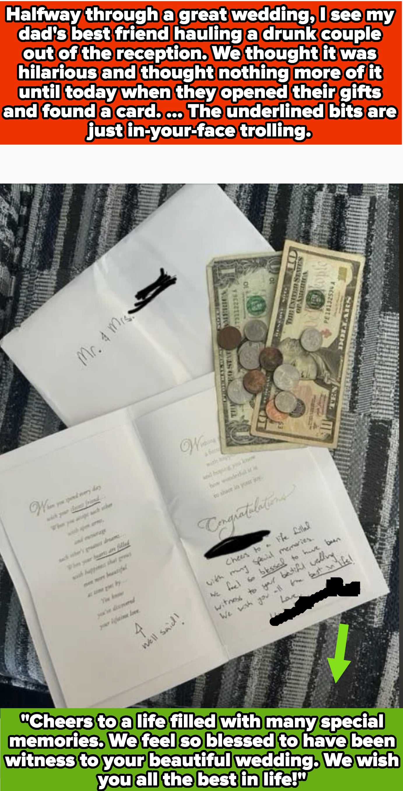 Wedding card with a handwritten note, cash, and coins lying on a striped surface. The note inside says congratulations and includes a personal message