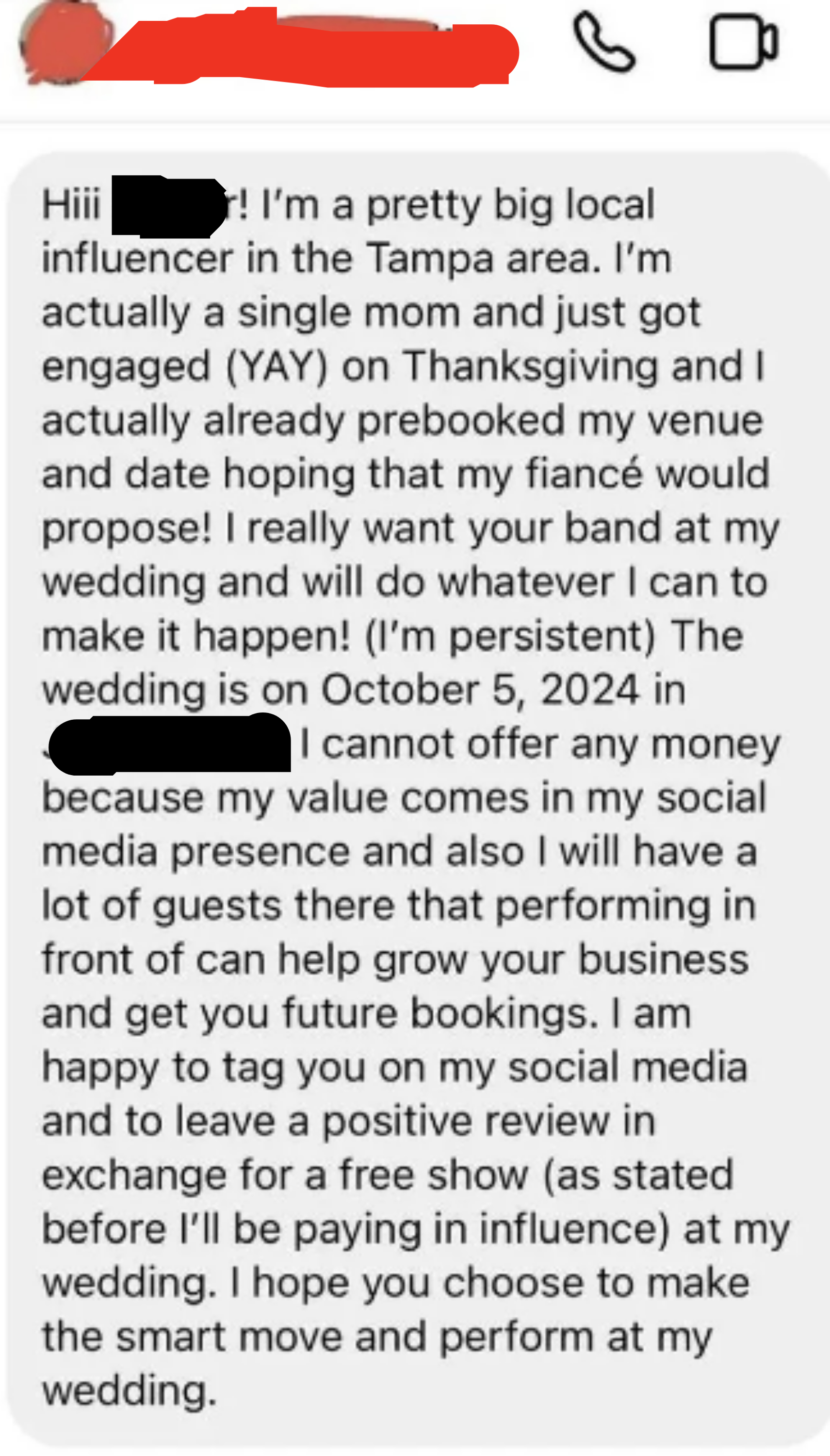 A local influencer from Tampa, recently engaged, requests Esther's band to perform at her wedding on October 5, 2024, in Jacksonville, offering promotion in exchange