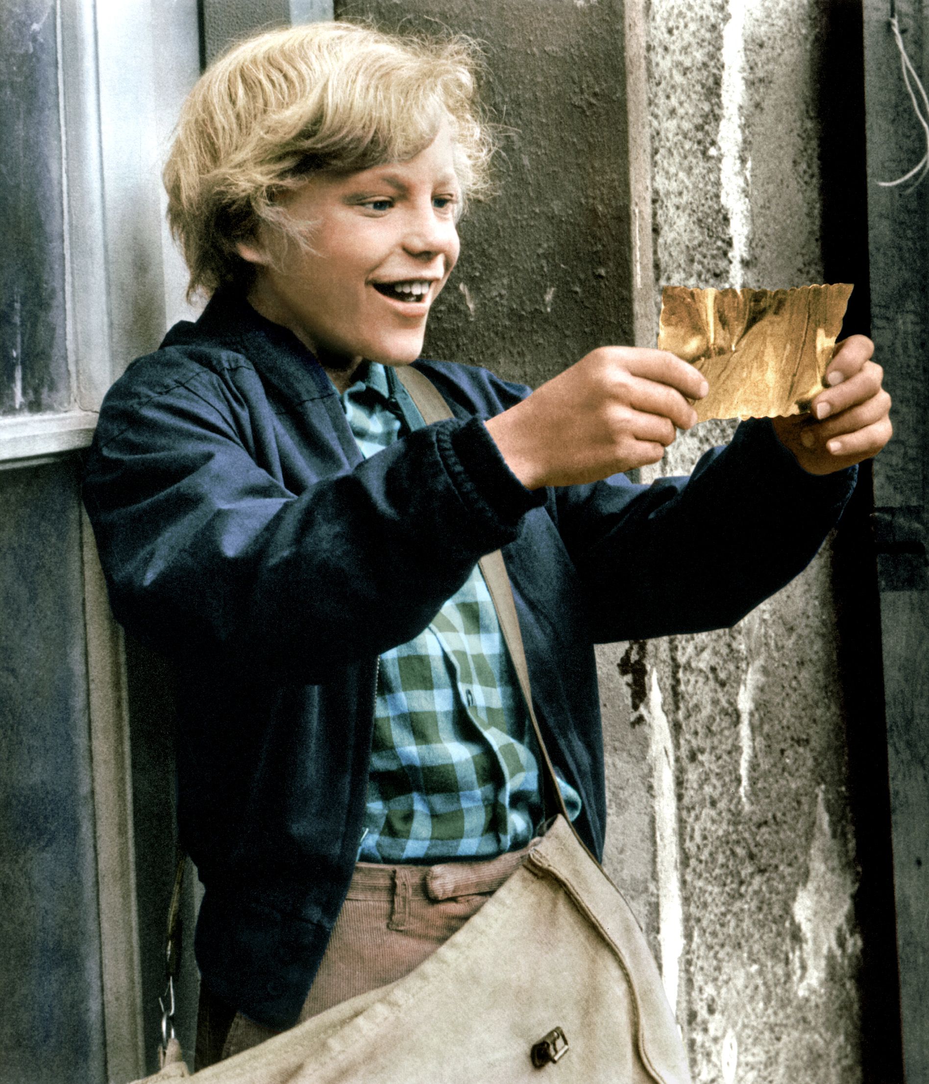 Young boy with blonde hair, wearing a checkered shirt and a jacket, excitedly holding a shiny golden ticket near a window. A messenger bag is slung over his shoulder