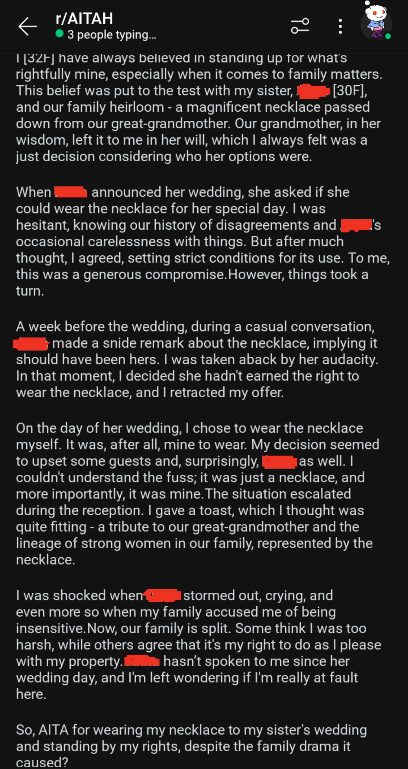 Person on Reddit recounting an argument about wearing a family heirloom necklace for their wedding that caused familial tension