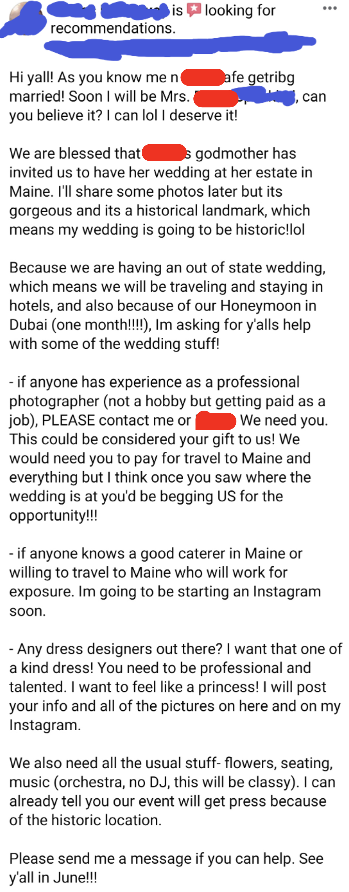 Facebook post from David regarding wedding recommendations. Seeking experiences, musicians, photographers, florists, and other vendors. Contact him promptly