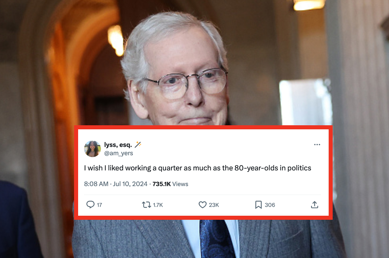 Mitch McConnell pictured with a tweet from lyss_esq. saying, "I wish I liked working a quarter as much as the 80-year-olds in politics" overlaying the bottom