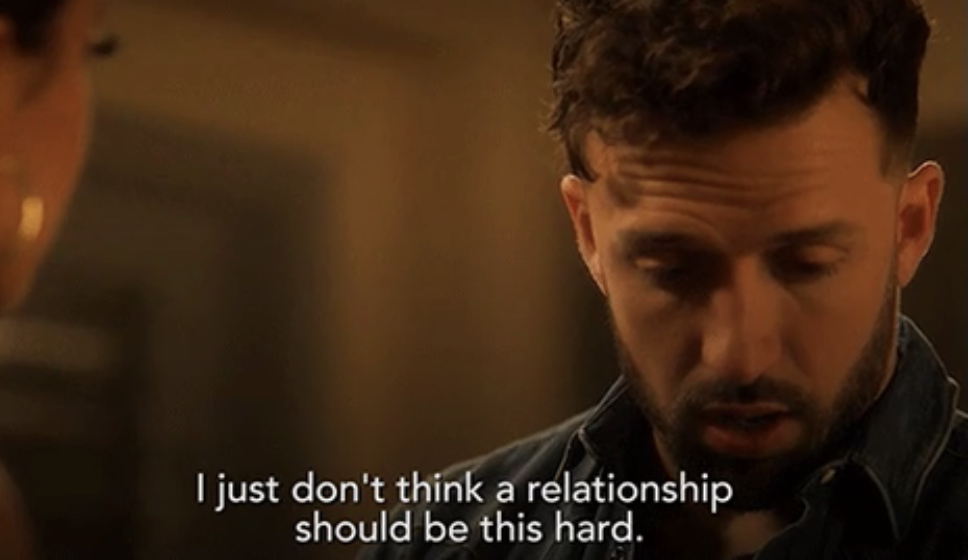 Javi from the television show &quot;Grown-ish&quot;, appearing distressed. The text overlay reads, &quot;I just don't think a relationship should be this hard.&quot;