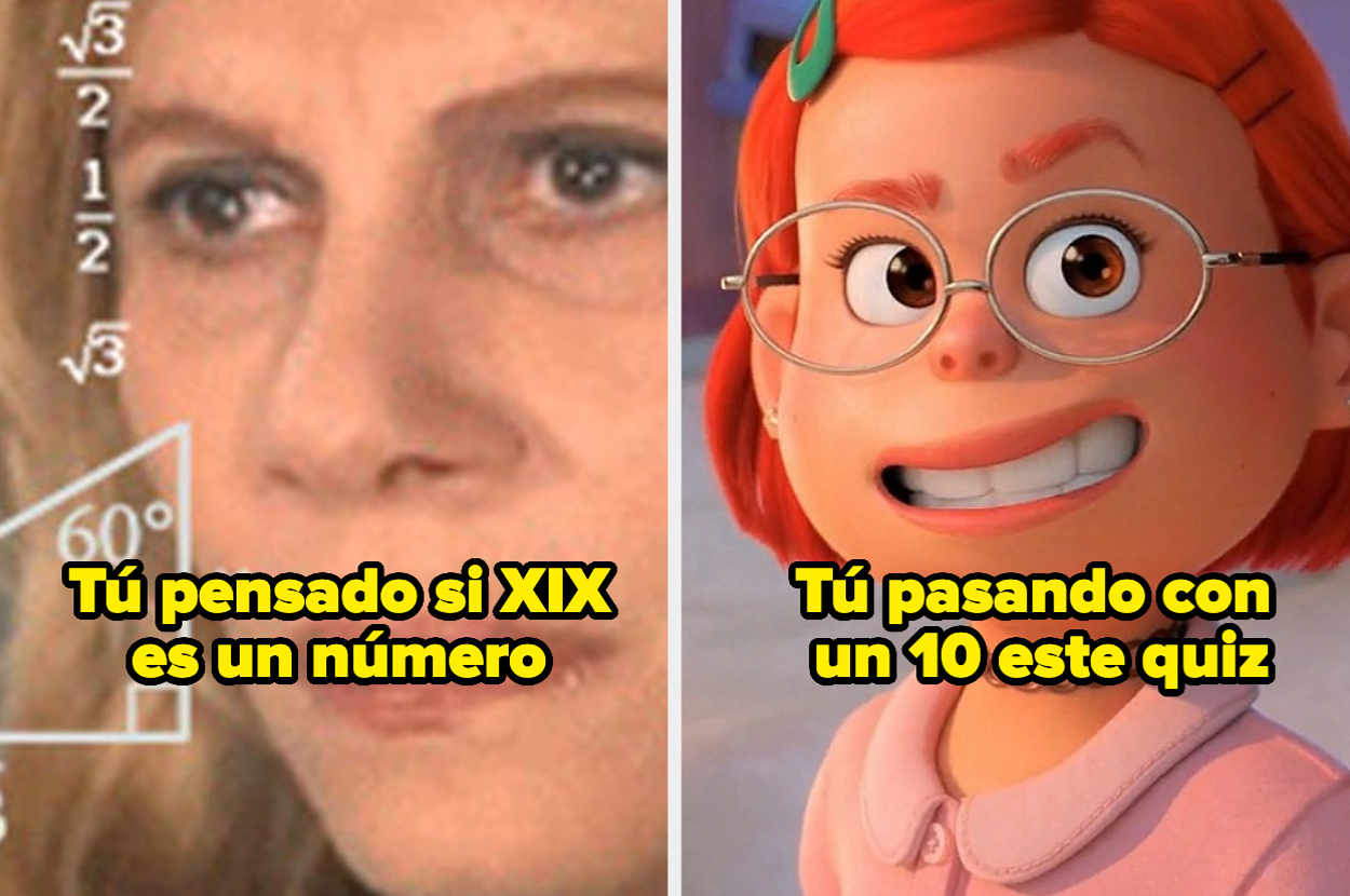 Dos imágenes, una con una mujer confundida y fórmulas matemáticas, y otra de un personaje animado sonriendo con texto: "Tú pasando con un 10 este quiz"