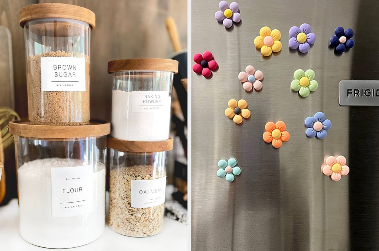 Three labeled kitchen jars, containing brown sugar, baking powder, flour, and oatmeal; colorful flower magnets on a refrigerator