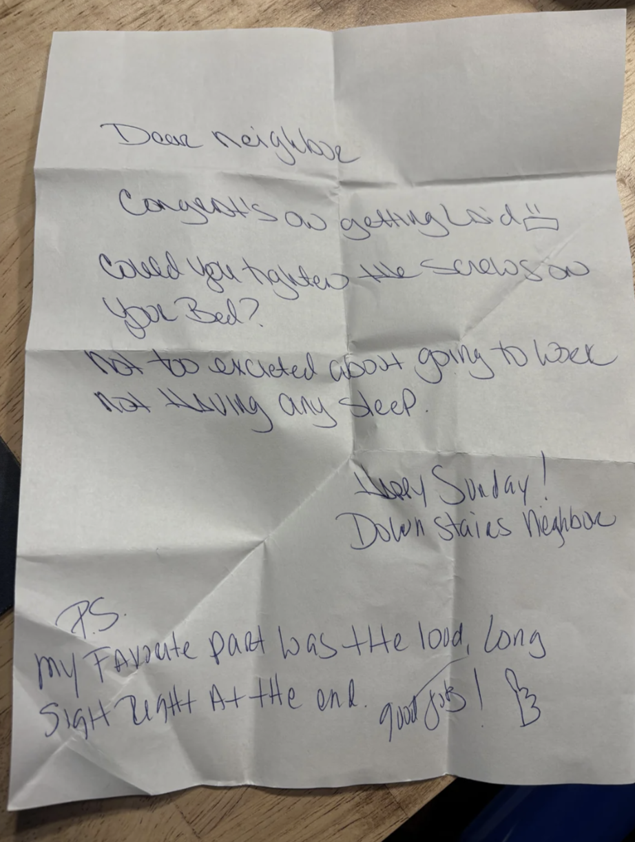 Handwritten note to a neighbor congratulating on a wedding and asking to lower noise. Mentions excitement about work and love for the loud, long sigh at the end