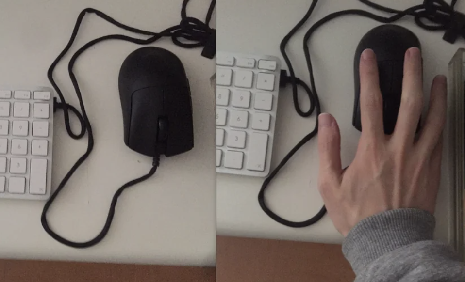 Two images side by side: on the left, a computer mouse and keyboard; on the right, a hand rests over the mouse, illustrating its large size