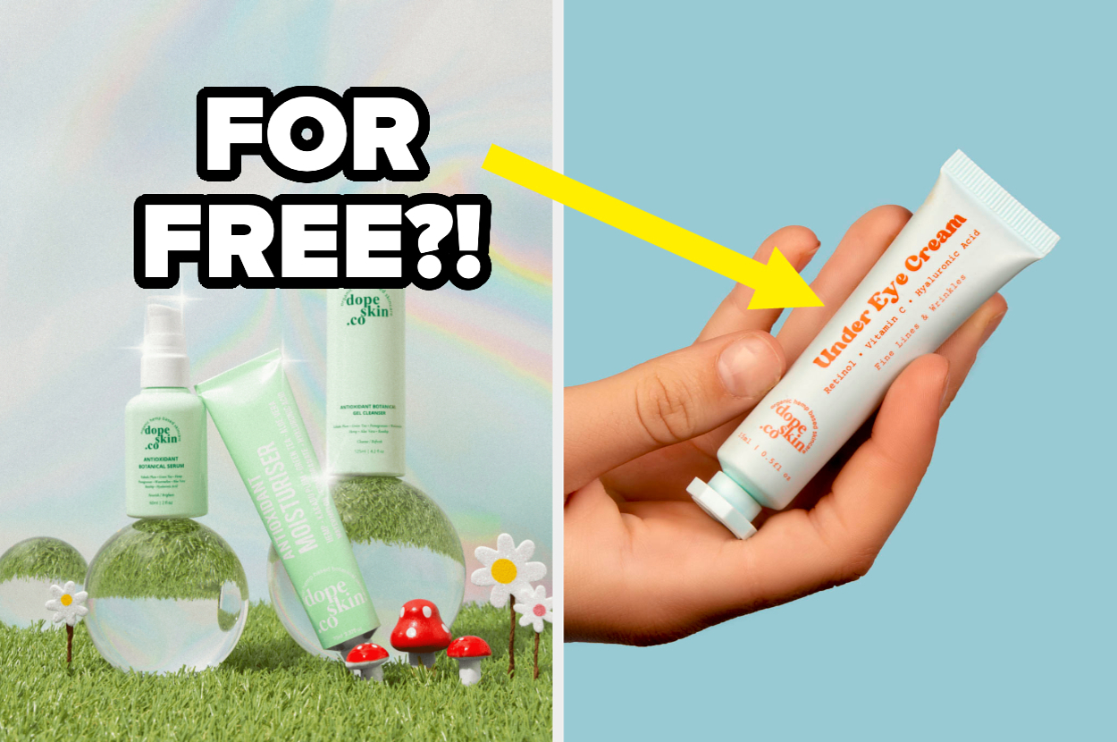 Various Doge skin products are displayed, with a hand holding an Under Eye Cream, and a caption reading, "FOR FREE?!"
