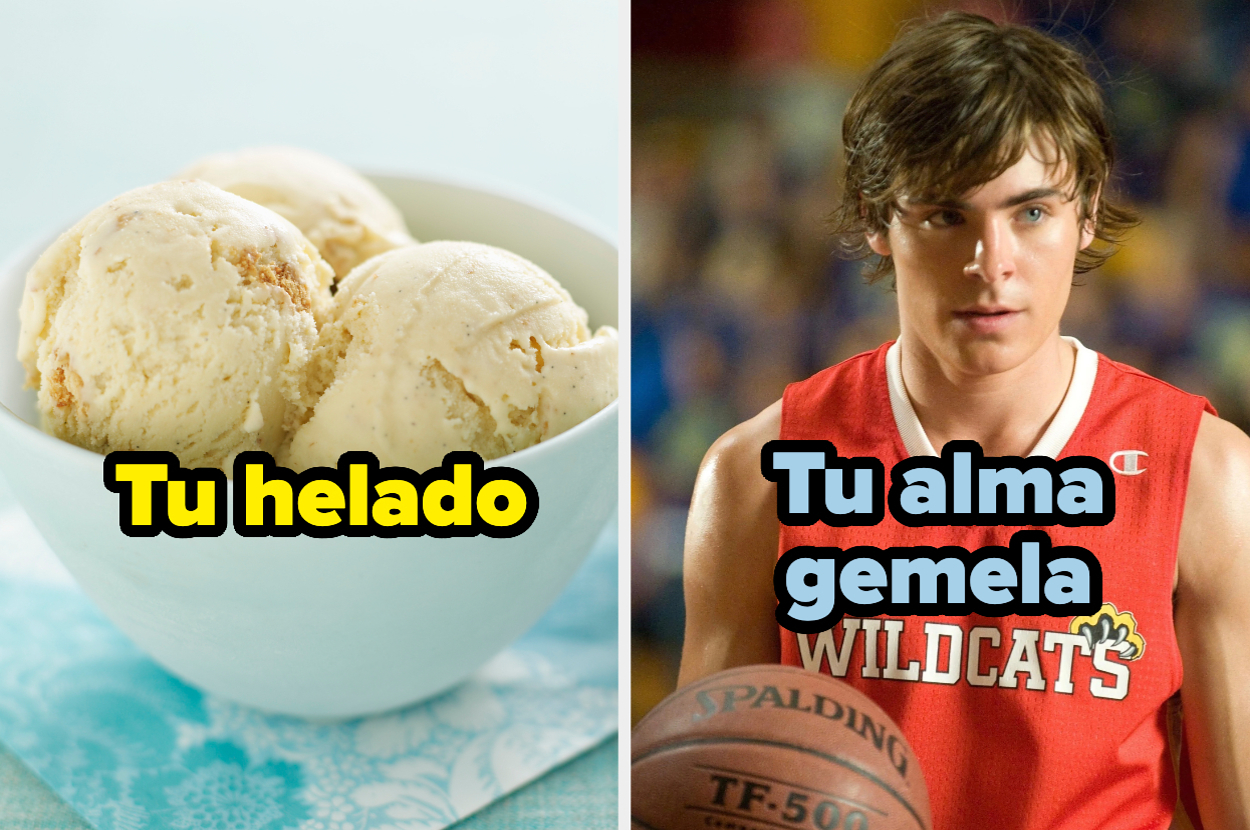 Bola de helado en un tazón, texto: "Tu helado". Hombre con camiseta de baloncesto de los Wildcats sosteniendo una pelota, texto: "Tu alma gemela"