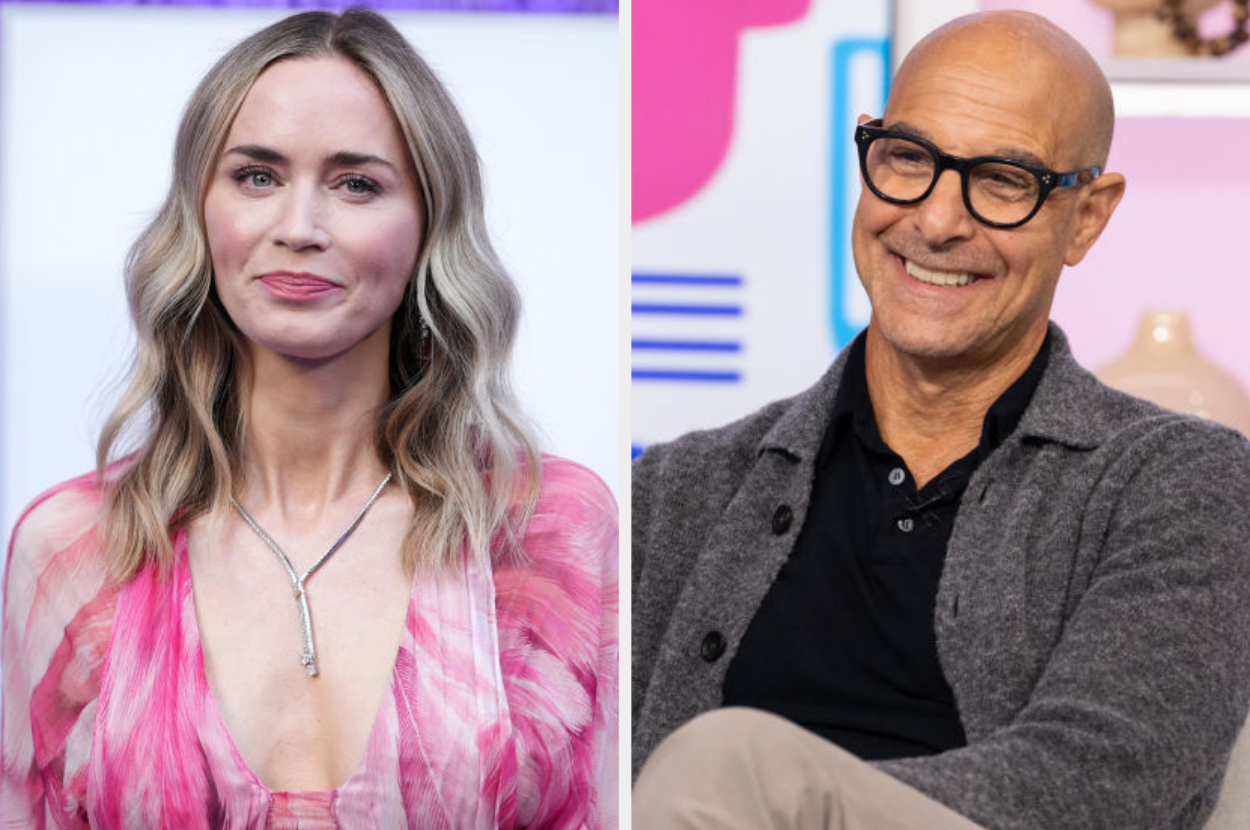 Emily Blunt and Stanley Tucci smiling in side-by-side photos. Emily Blunt is wearing a stylish, patterned dress with a V-neckline. Stanley Tucci is in casual attire with glasses