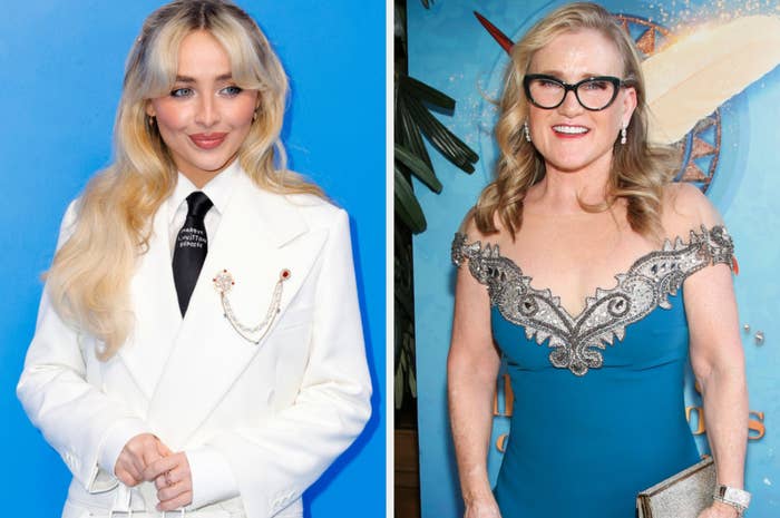 Sabrina Carpenter in a white suit and tie, and Nancy Cartwright in a gray off-shoulder gown with a beaded bodice