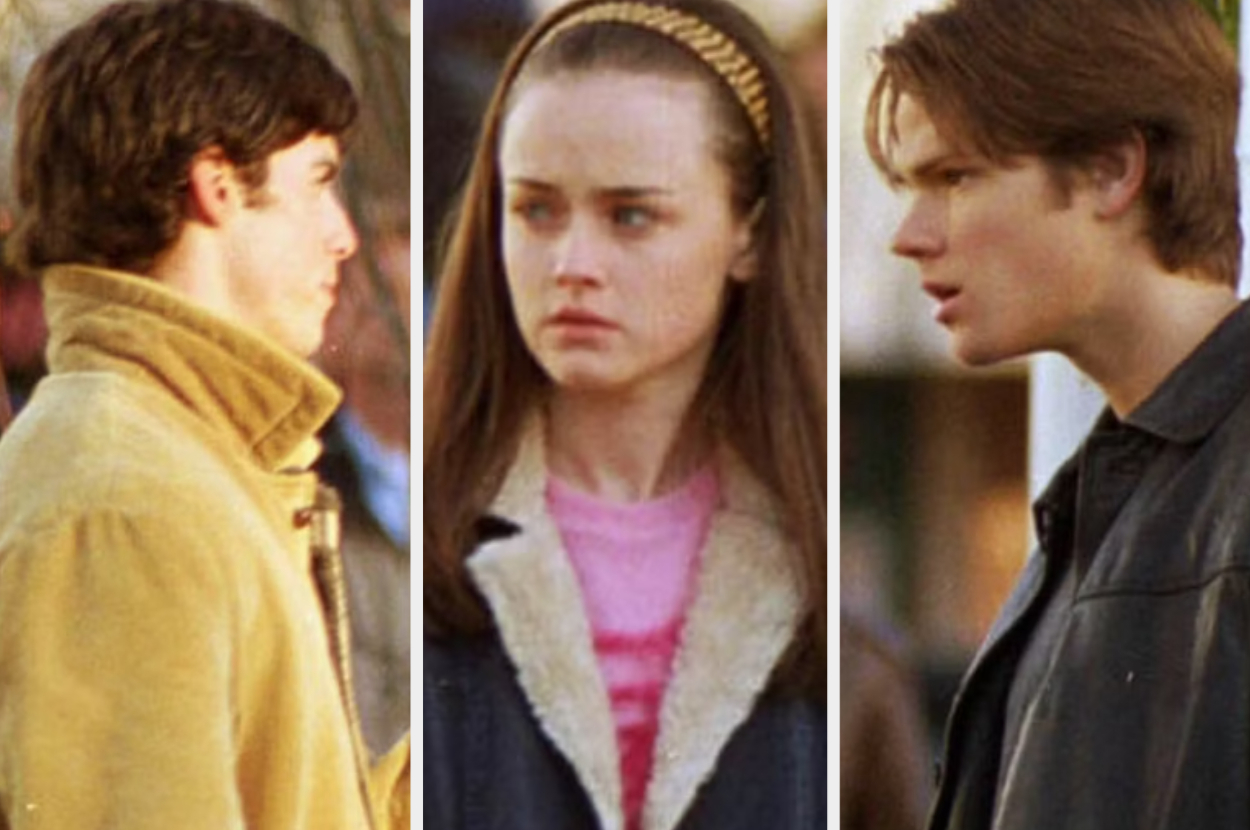 Three people: man in yellow jacket looking left, Alexis Bledel with headband looking worried, man in black jacket talking
