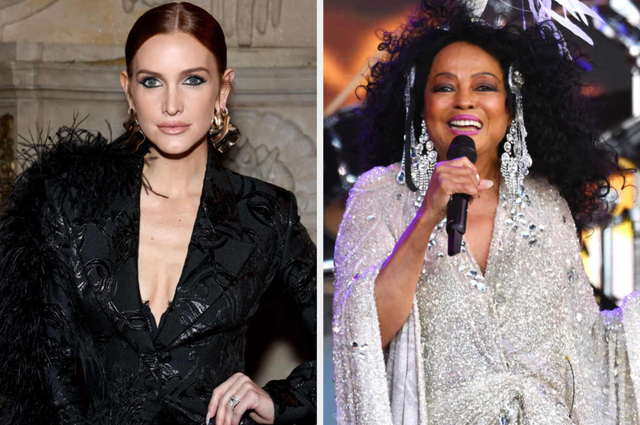 Ashlee Simpson in a black outfit with feathered detailing. Diana Ross, onstage, wearing a sparkly gown and holding a microphone