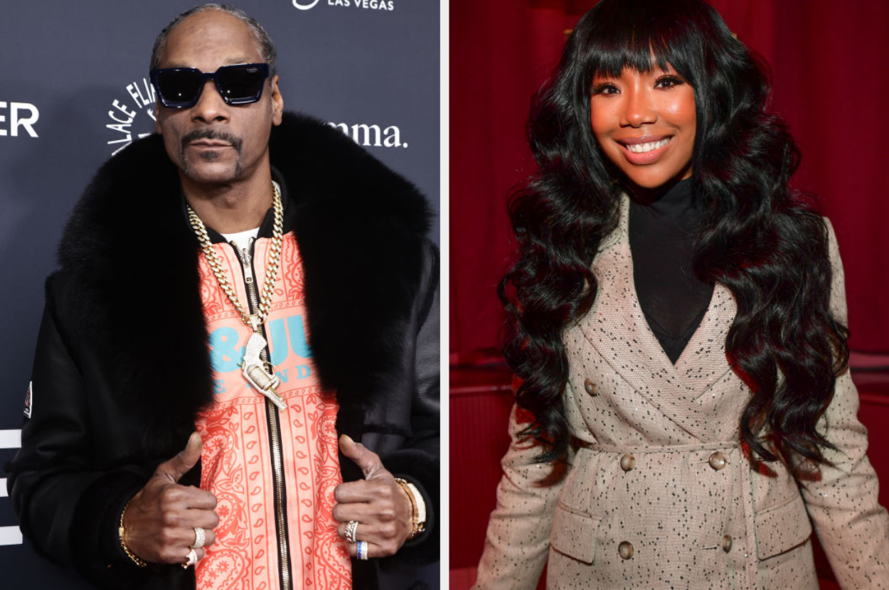 Snoop Dogg in a fur-trimmed coat and patterned shirt. Brandy in a textured blazer