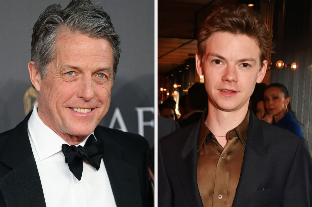 Hugh Grant in a tuxedo and Thomas Brodie-Sangster in a brown shirt and jacket at an event in a split image