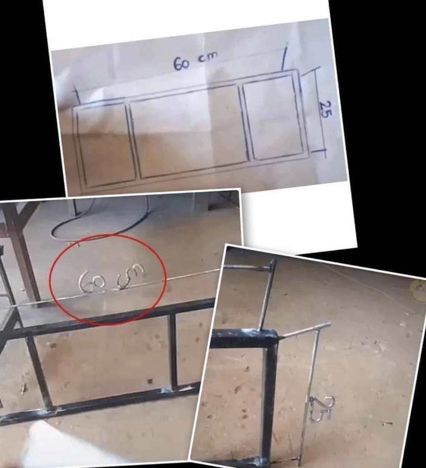 Three photos: one of a hand-drawn sketch showing dimensions 60 cm by 25 cm, another with a red-circled wire bent into "60 cm," and a third showing a wire bent into "25 cm."