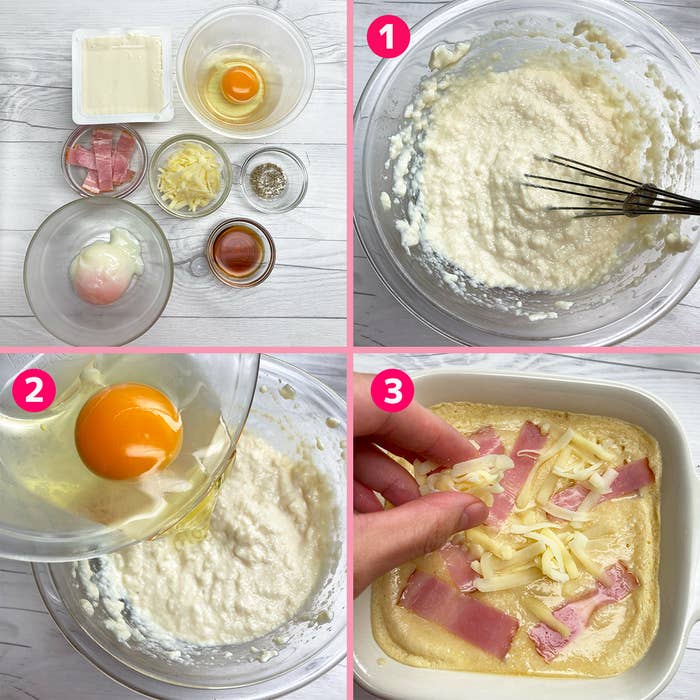 材料を混ぜる様子と、生地に卵を加える手順を示した料理の4ステップガイド。