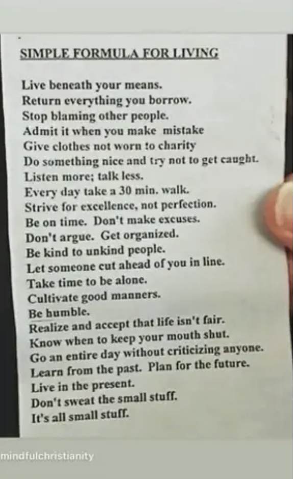 A list titled &quot;Simple Formula for Living&quot; includes advice such as &quot;Live beneath your means,&quot; &quot;Admit it when you make a mistake,&quot; &quot;Be humble,&quot; and &quot;Live in the present&quot;