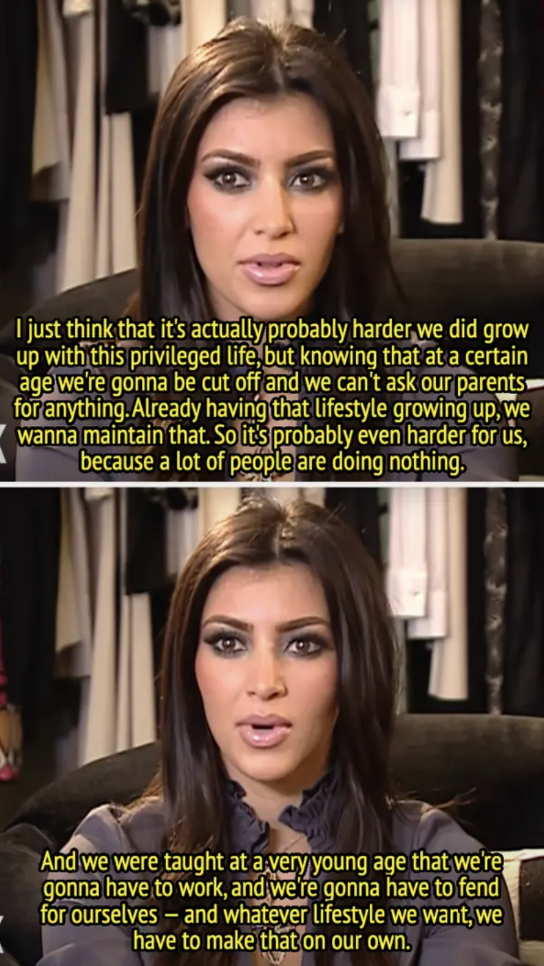 Kim Kardashian speaks in an interview. Text reads: She reflects on growing up privileged, noting the challenge of being cut off at a certain age and maintaining that lifestyle independently