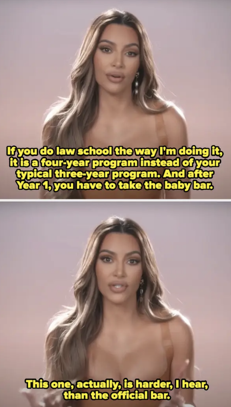 Kim Kardashian discusses the rigor of her unique four-year law school program, noting that the "baby bar" exam after the first year is reportedly tougher than the official bar