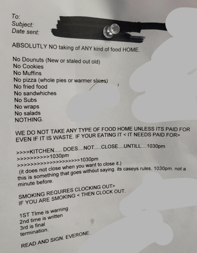 A workplace memo with rules prohibits taking any food home, lists foods not to take (donuts, cookies, muffins, pizza, salads), and states kitchen closing time as 10:30 PM