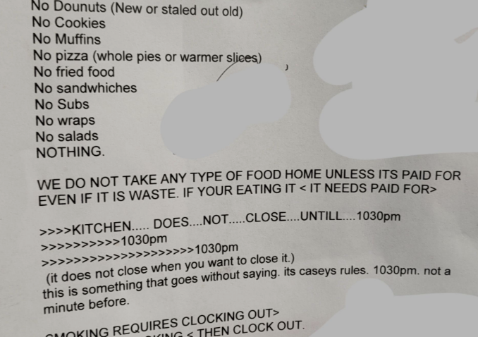 A workplace memo with rules prohibits taking any food home, lists foods not to take (donuts, cookies, muffins, pizza, salads), and states kitchen closing time as 10:30 PM