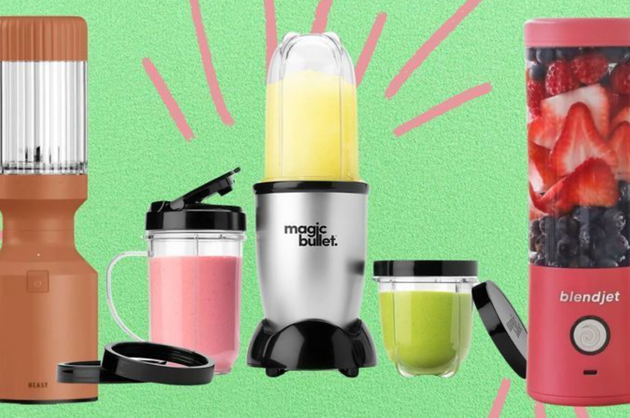 Various personal blenders, including models from Magic Bullet and BlendJet, are displayed with colorful smoothies