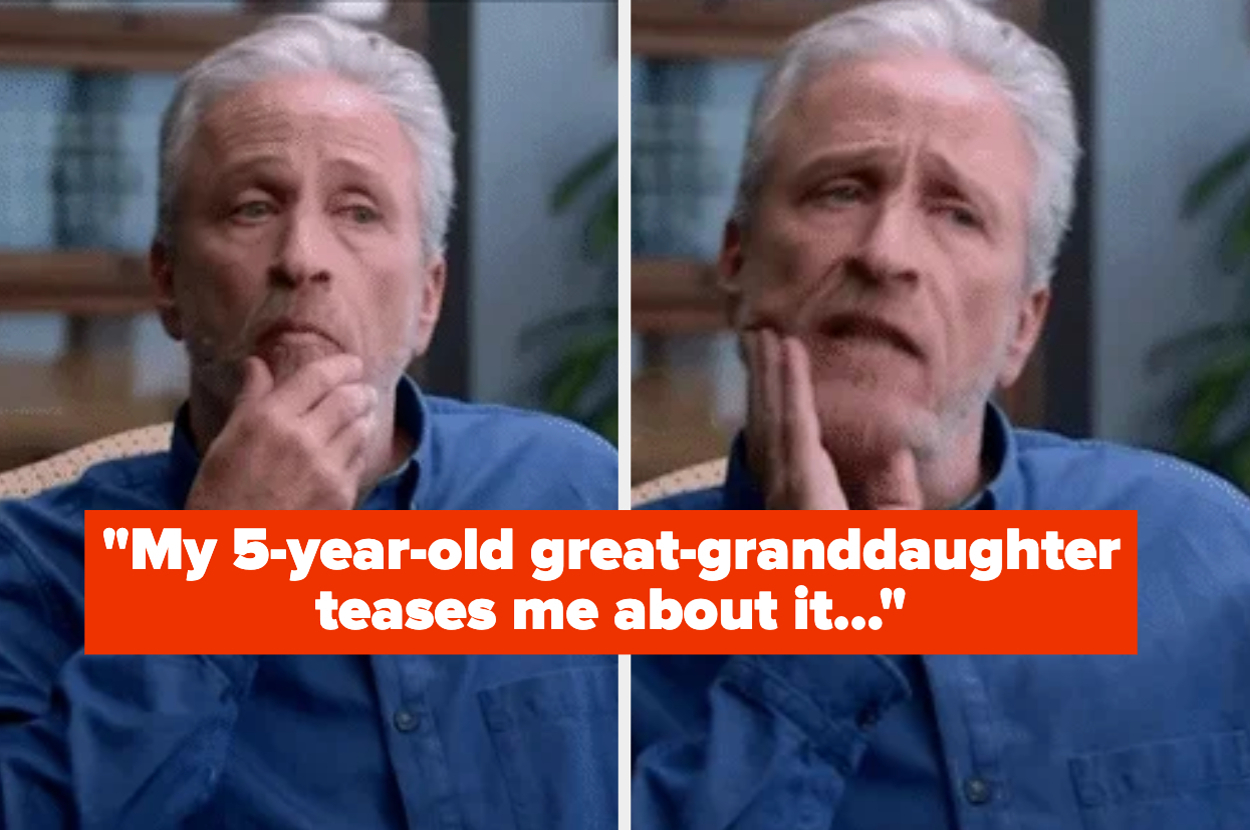 Jon Stewart in two expressions, with overlay text, "My 5-year-old great-granddaughter teases me about it…"