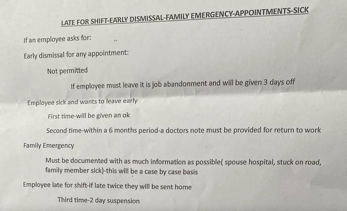 Late for shift policy: Dismissal if absent for early appointments, family emergencies, or sickness. Employee risks job abandonment and various penalties.