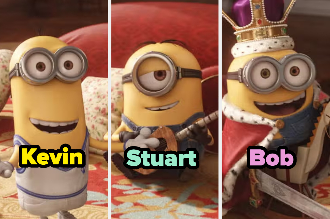 Kevin, Stuart y Bob de "Mi villano favorito" en una alfombra roja. Kevin con camisa, Stuart con guitarra y Bob con capa y corona. Texto: Kevin, Stuart, Bob